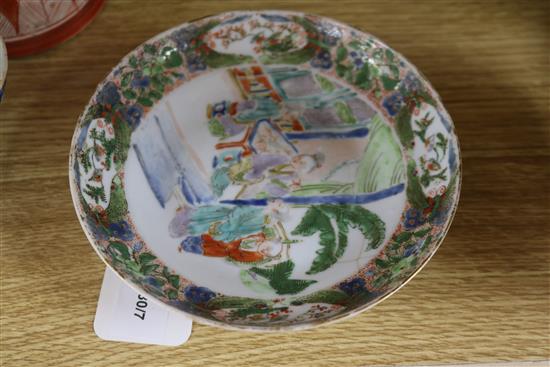 A collection of Asian ceramics, including a Chinese white ground flattened pyriform vase